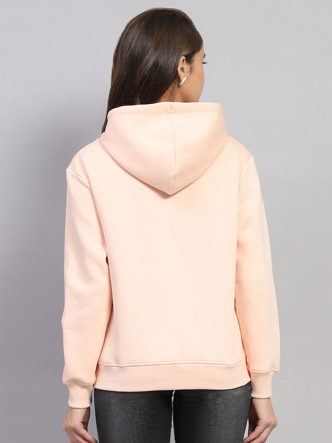 Women Peach Solid Hooded Full Sleeve Sweatshirt