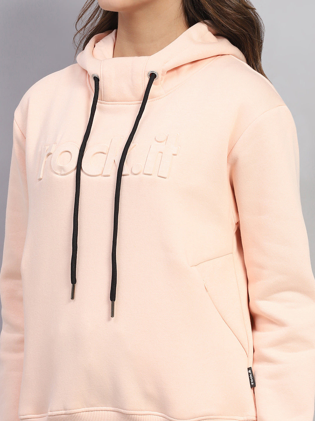 Women Peach Solid Hooded Full Sleeve Sweatshirt