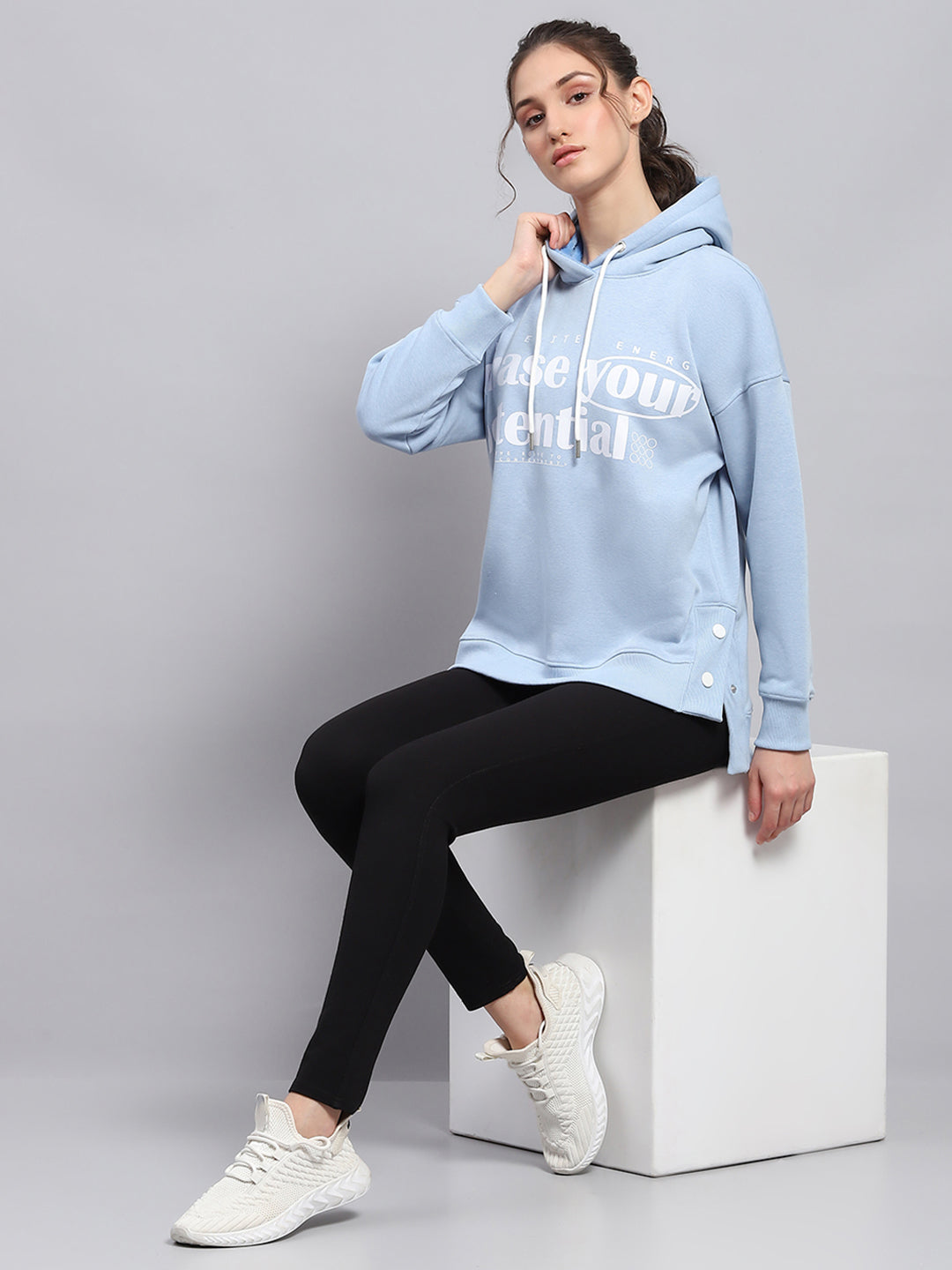 Women Sky Blue Printed Hooded Full Sleeve Sweatshirt