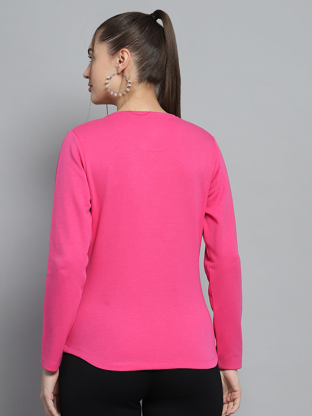 Women Pink Solid Round Neck Full Sleeve Winter Tops