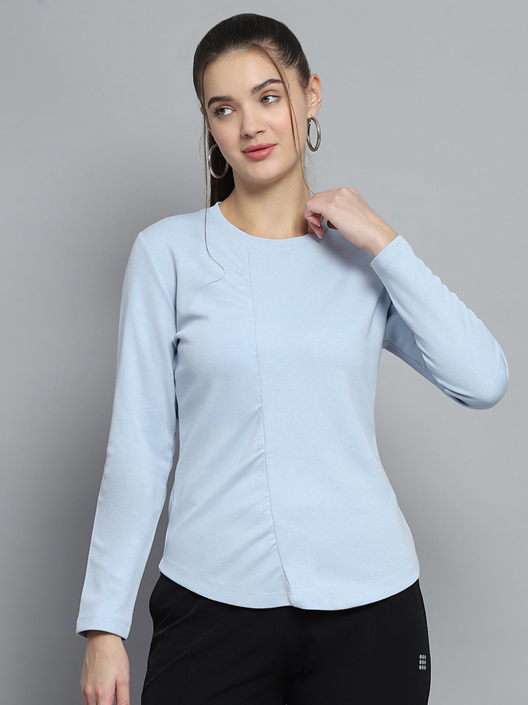 Women Blue Solid Round Neck Full Sleeve Winter Tops