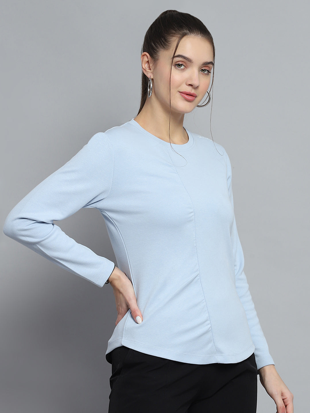 Women Blue Solid Round Neck Full Sleeve Winter Tops