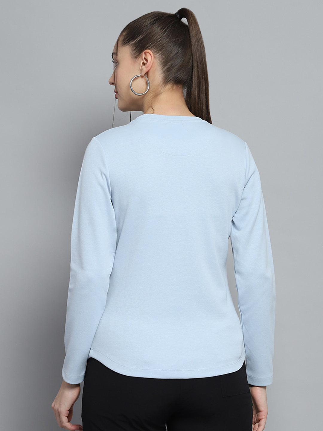 Women Blue Solid Round Neck Full Sleeve Winter Tops