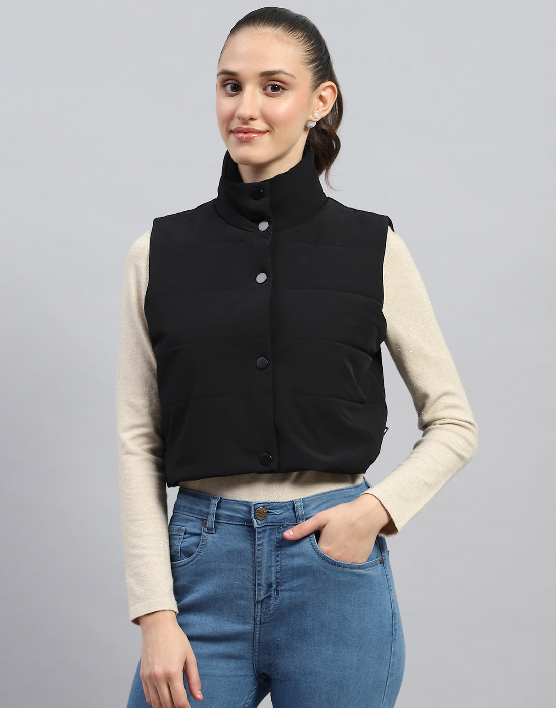 Women Black Solid Mock Neck Sleeveless Jacket