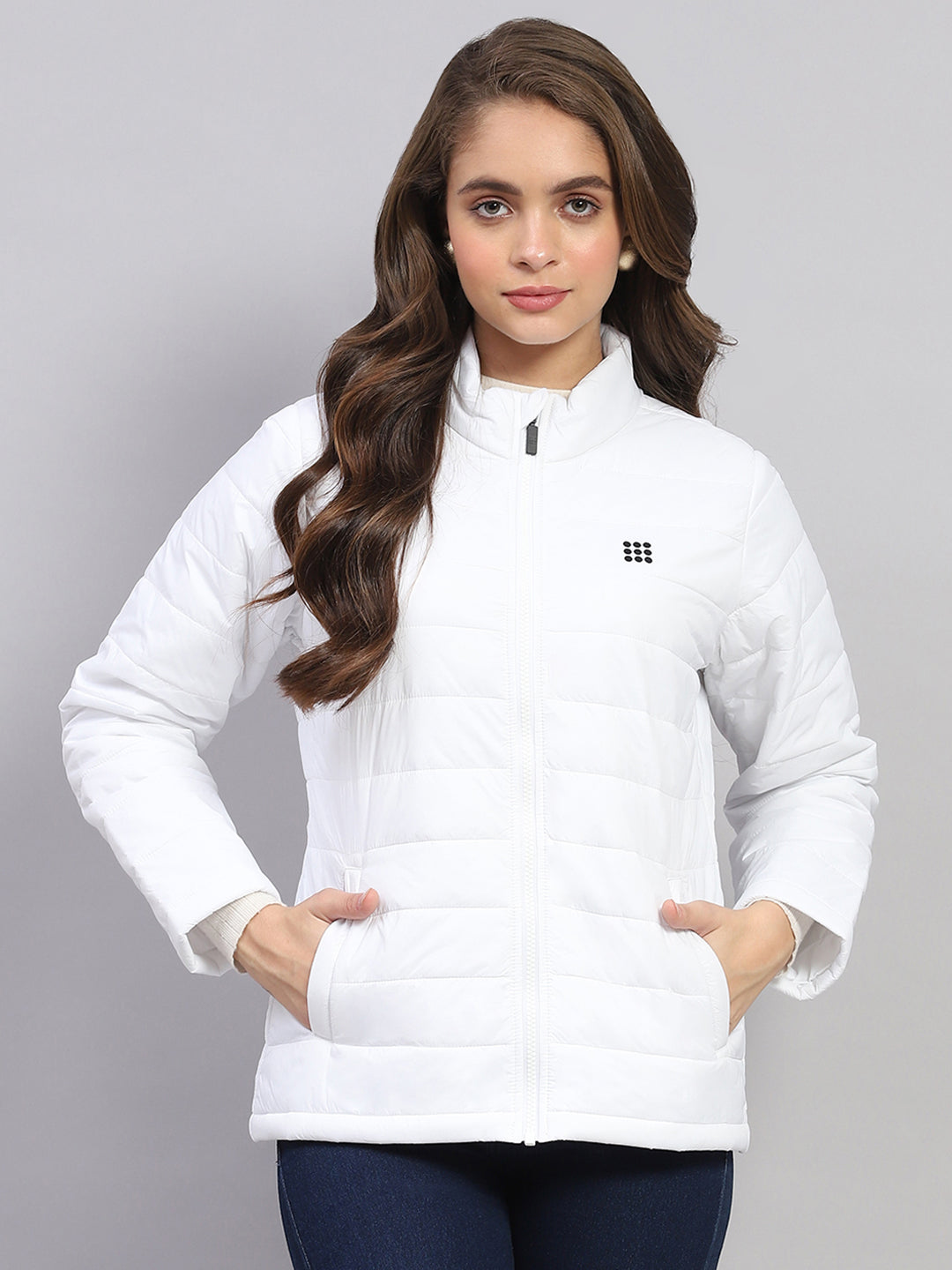 Women White Solid Mock Neck Full Sleeve Jacket