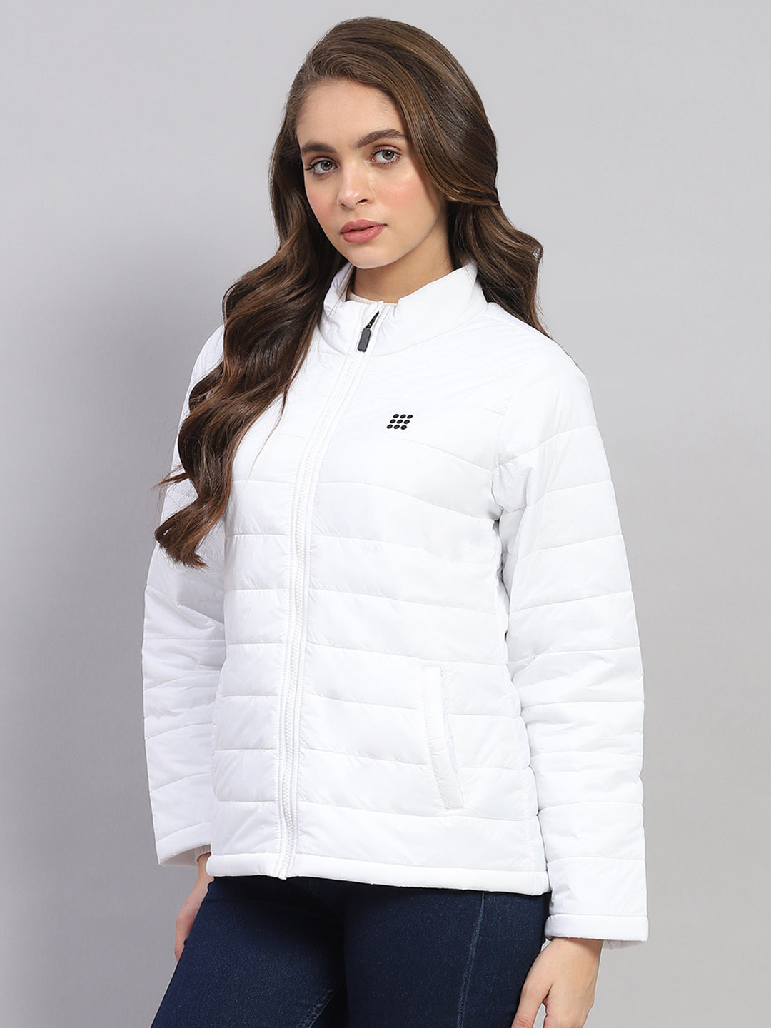 Women White Solid Mock Neck Full Sleeve Jacket