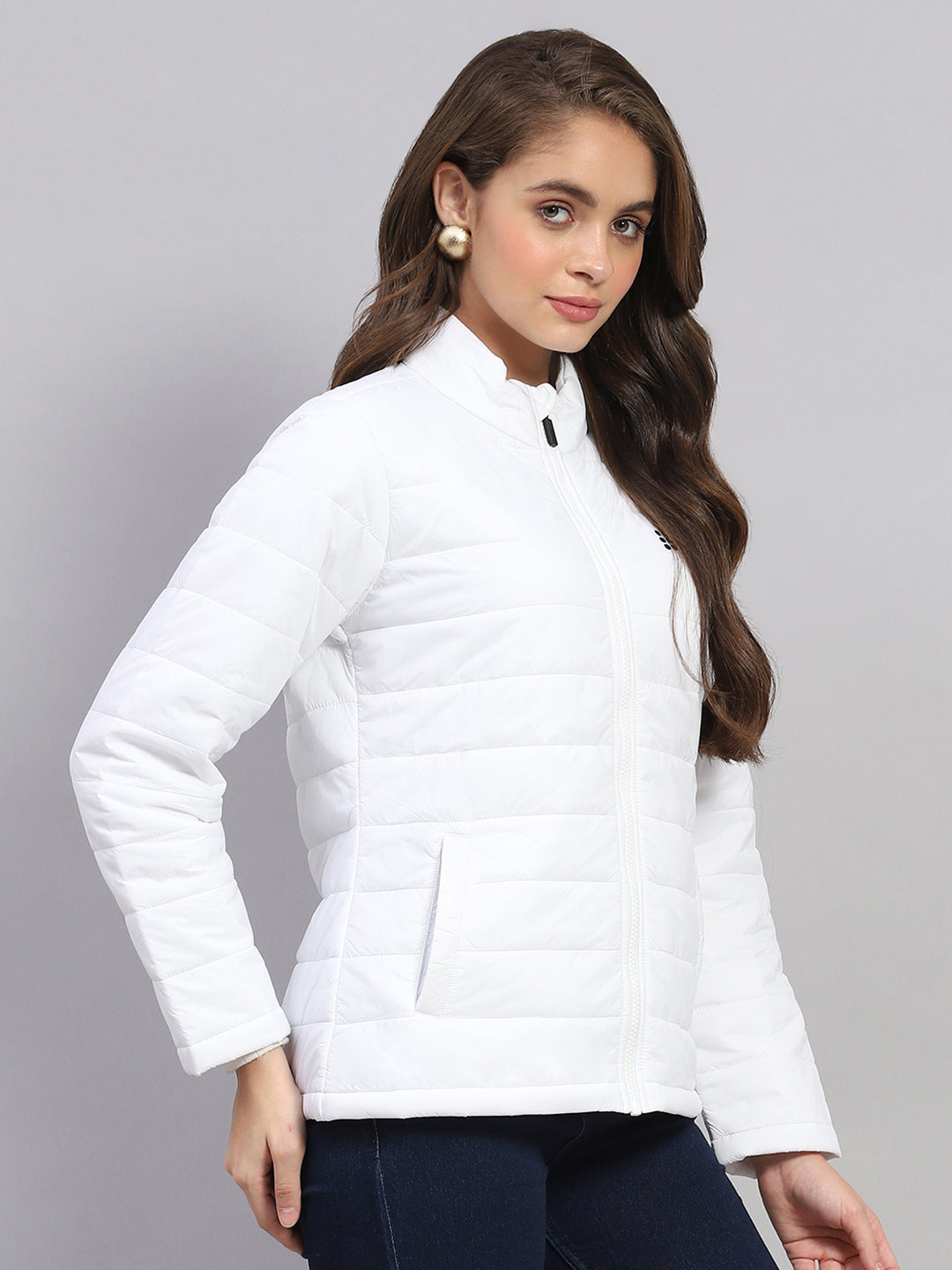 Women White Solid Mock Neck Full Sleeve Jacket