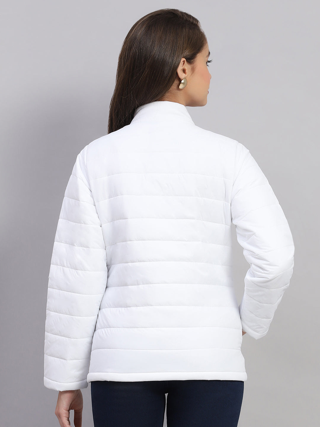 Women White Solid Mock Neck Full Sleeve Jacket