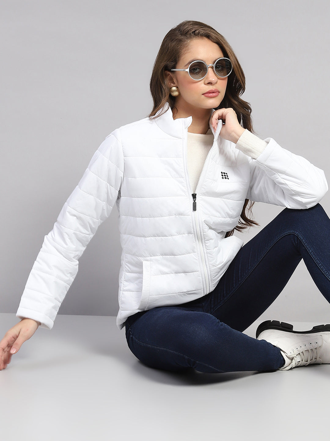 Women White Solid Mock Neck Full Sleeve Jacket