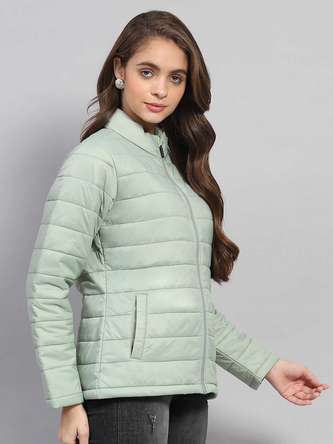 Women Green Solid Mock Neck Full Sleeve Jacket