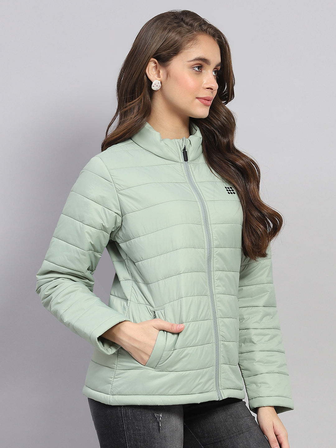 Women Green Solid Mock Neck Full Sleeve Jacket