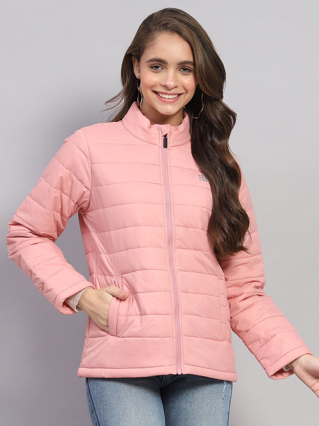 Women Pink Solid Mock Neck Full Sleeve Jacket