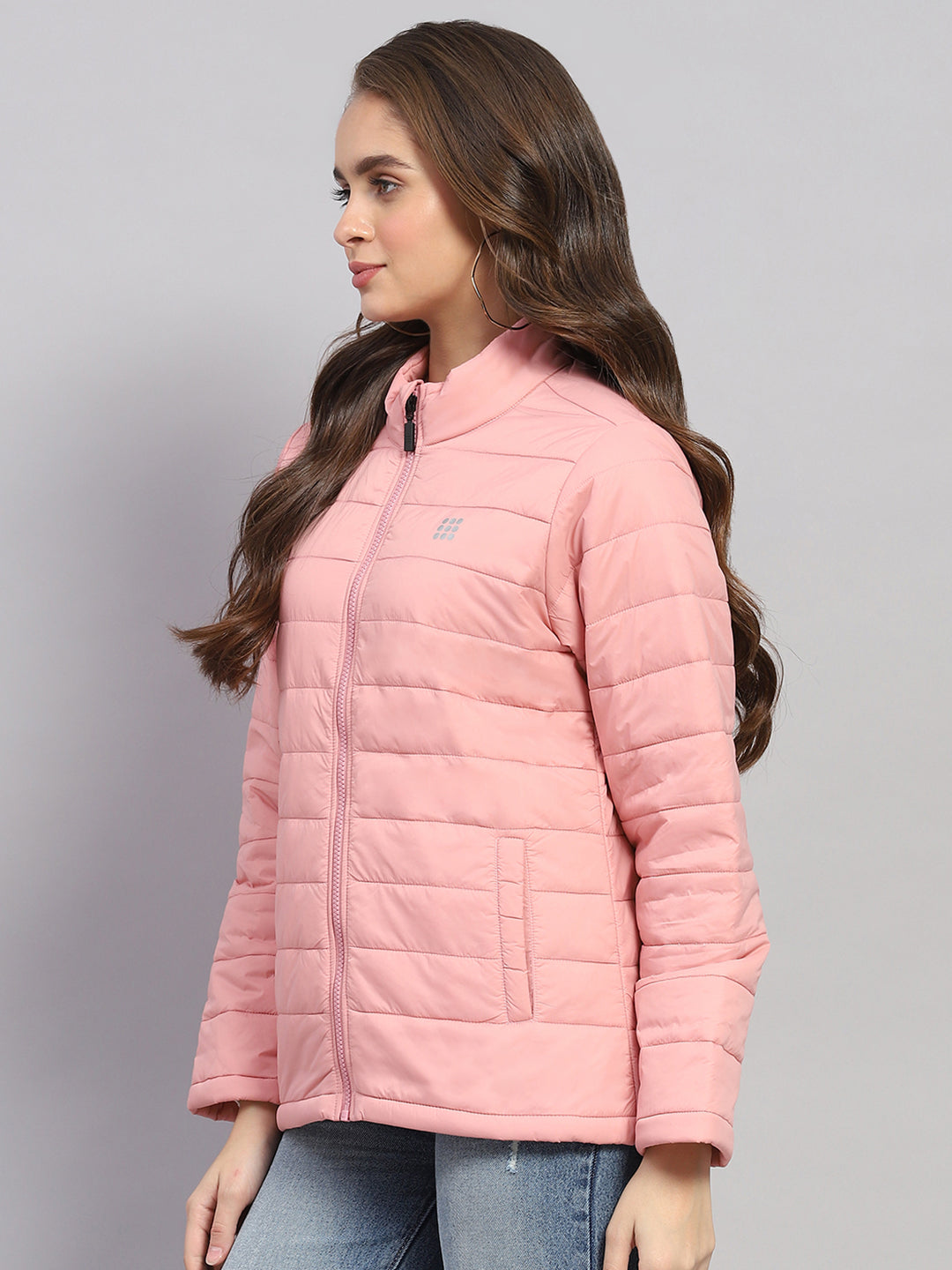 Women Pink Solid Mock Neck Full Sleeve Jacket