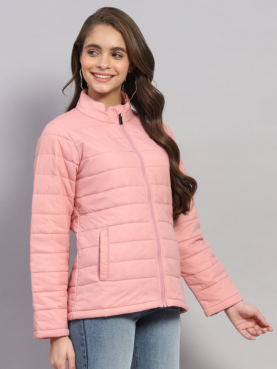 Women Pink Solid Mock Neck Full Sleeve Jacket