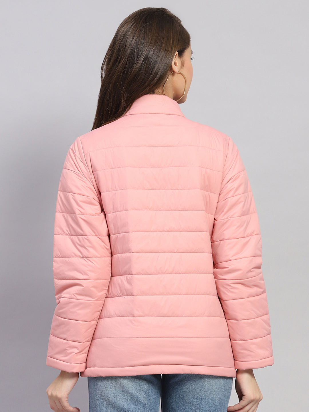 Women Pink Solid Mock Neck Full Sleeve Jacket