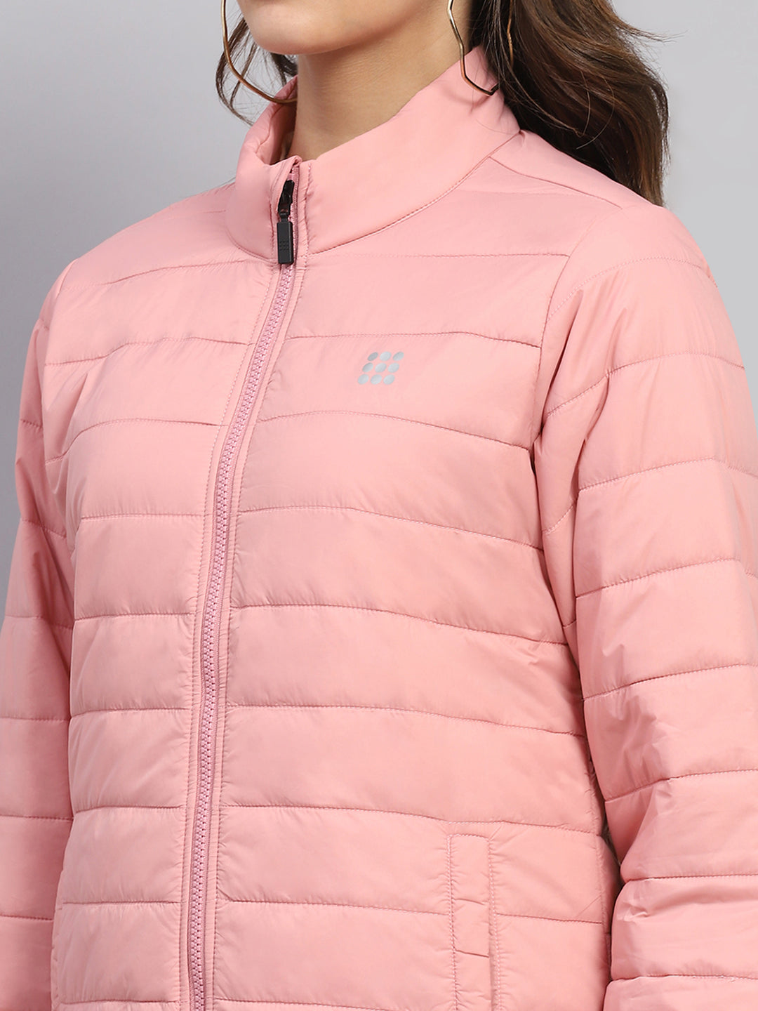 Women Pink Solid Mock Neck Full Sleeve Jacket