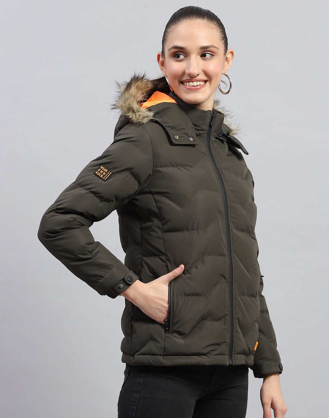 Women Olive Solid Hooded Full Sleeve Jacket