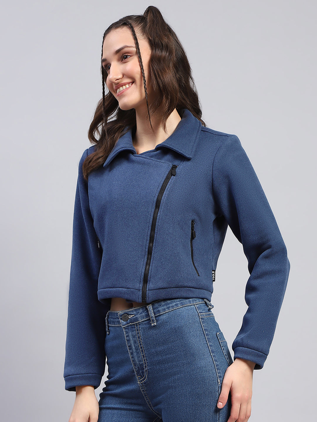 Women Blue Solid Collar Full Sleeve Jacket