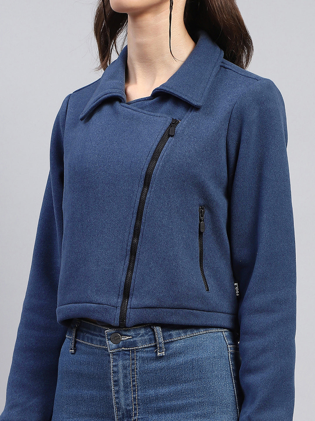 Women Blue Solid Collar Full Sleeve Jacket