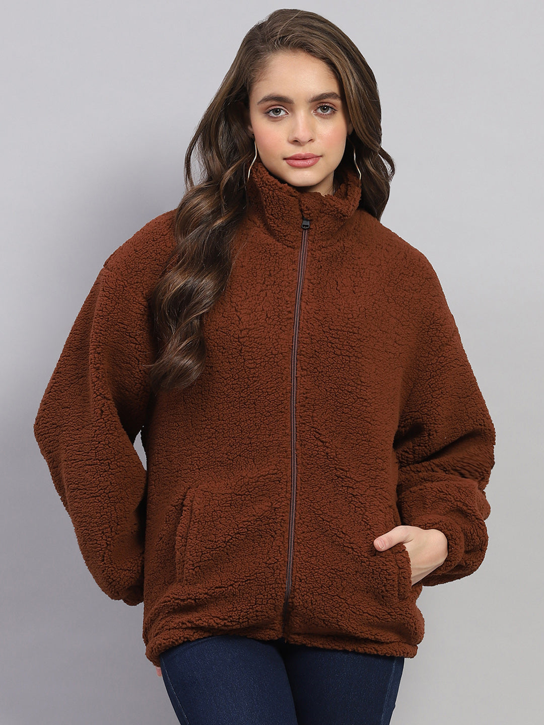 Women Rust Solid Mock Neck Full Sleeve Jacket