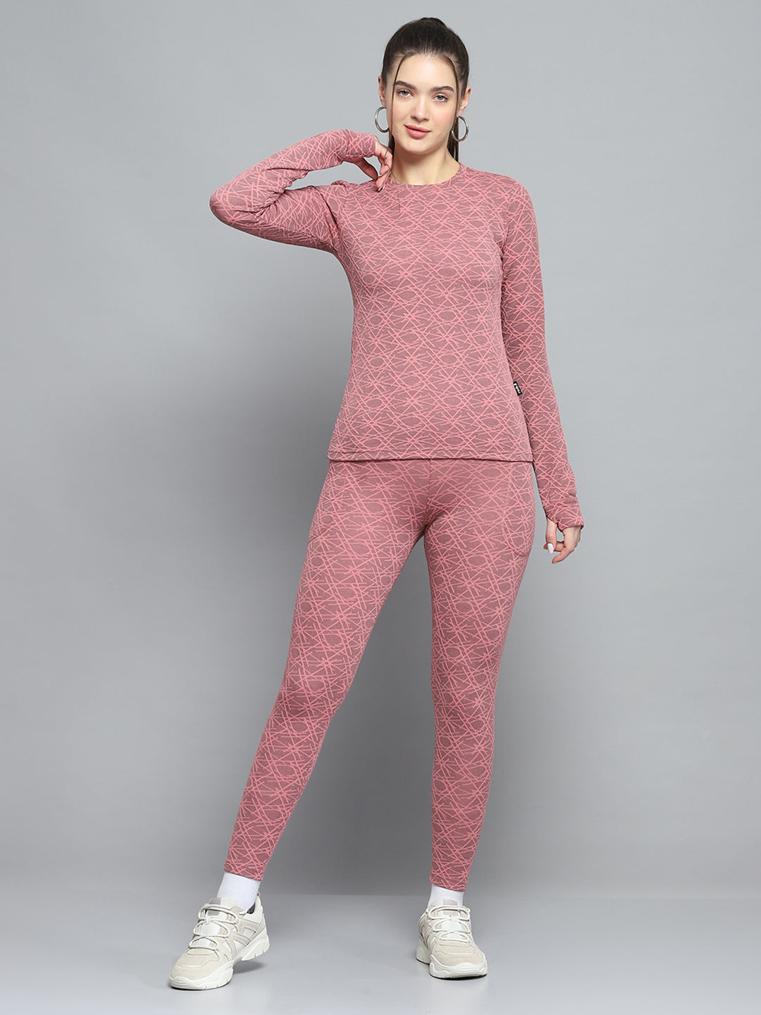 Women Peach Self Design Round Neck Full Sleeve Tracksuit