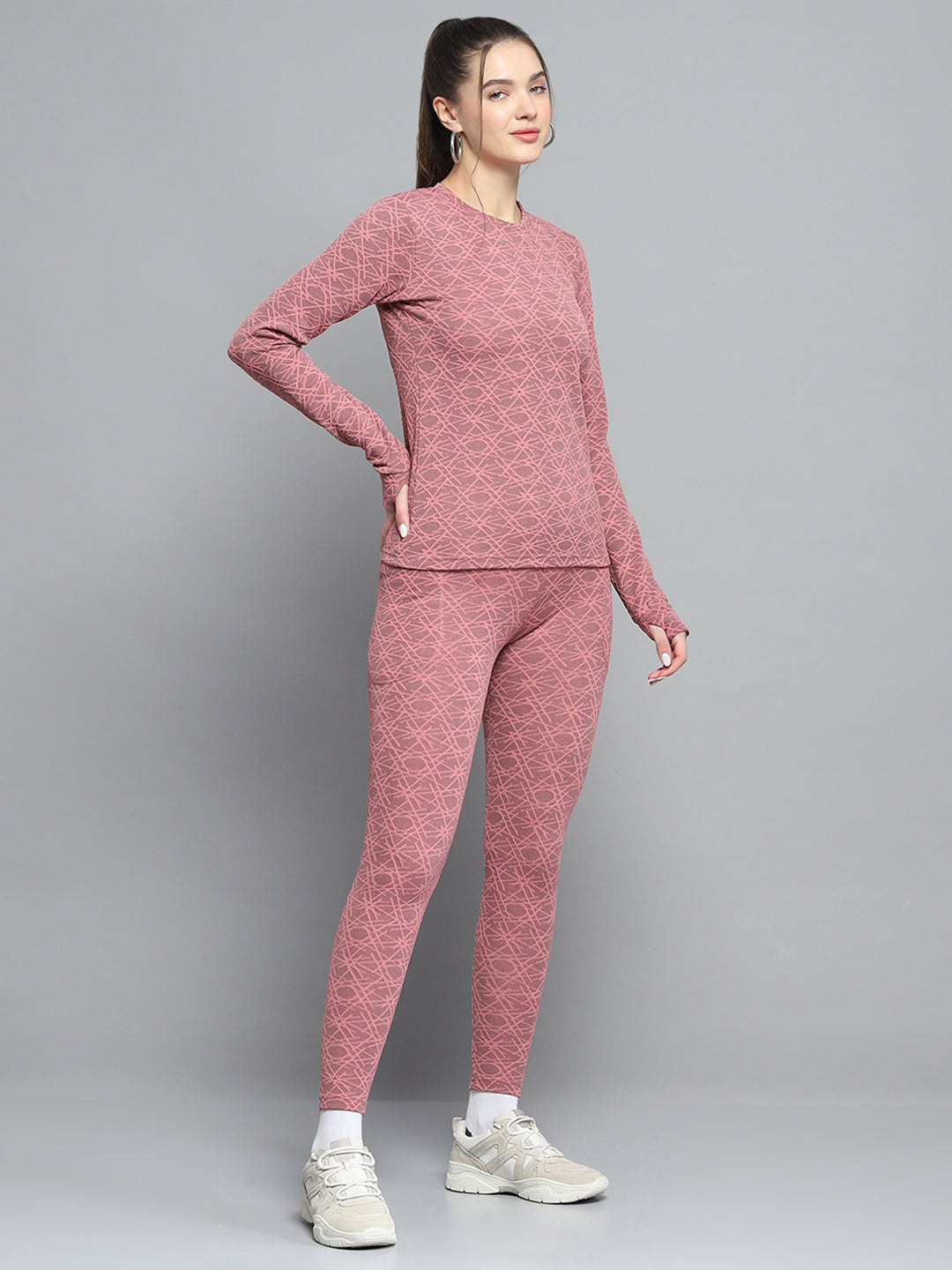 Women Peach Self Design Round Neck Full Sleeve Tracksuit