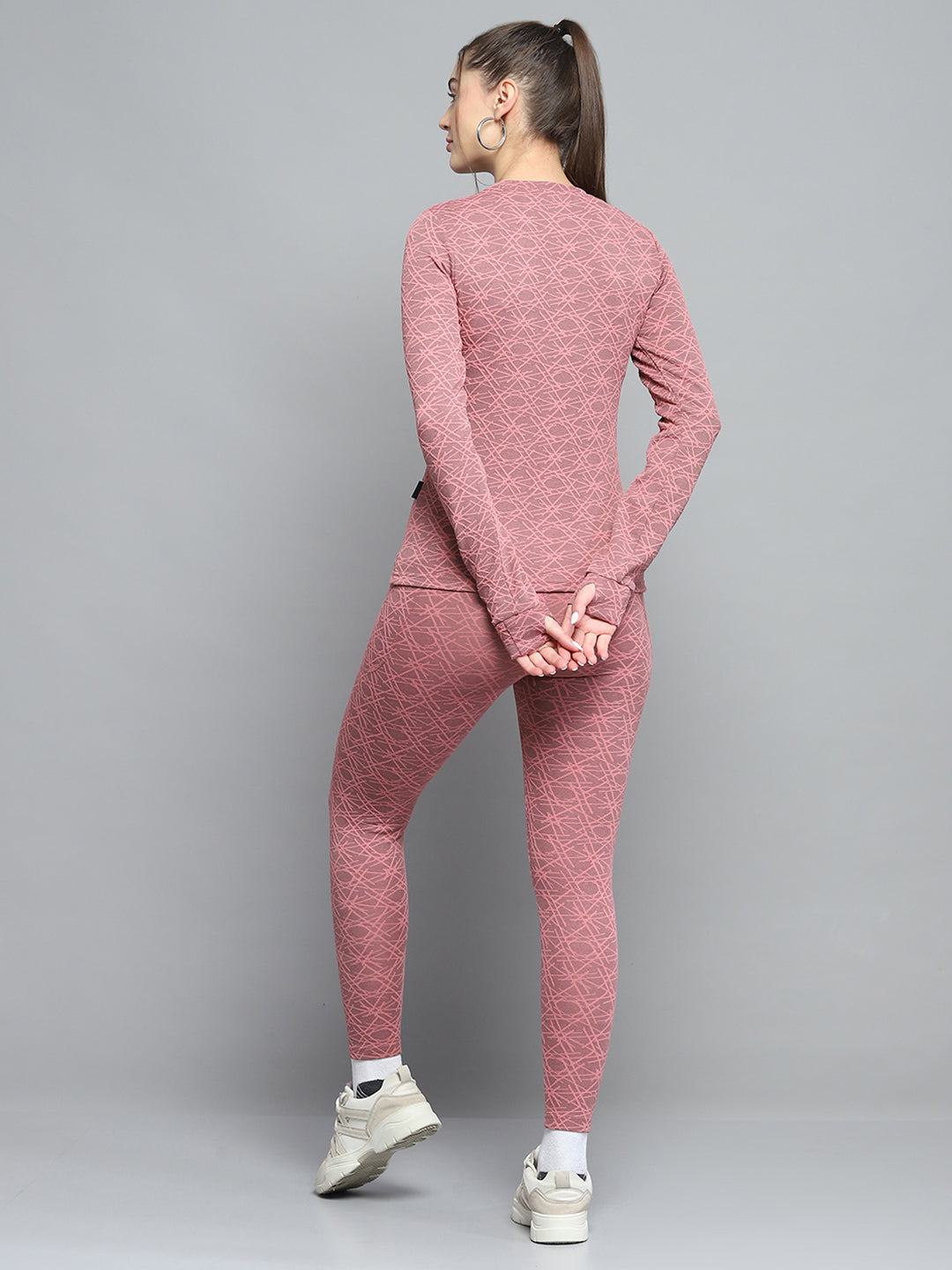 Women Peach Self Design Round Neck Full Sleeve Tracksuit