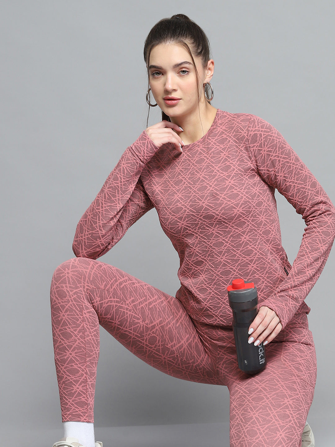 Women Peach Self Design Round Neck Full Sleeve Tracksuit