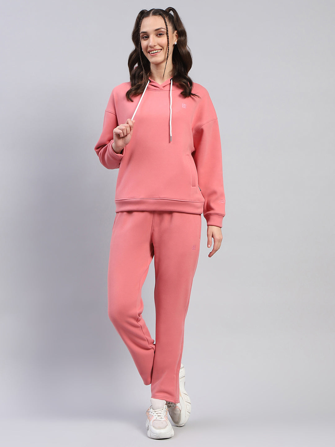 Women Peach Solid Hooded Full Sleeve Tracksuit