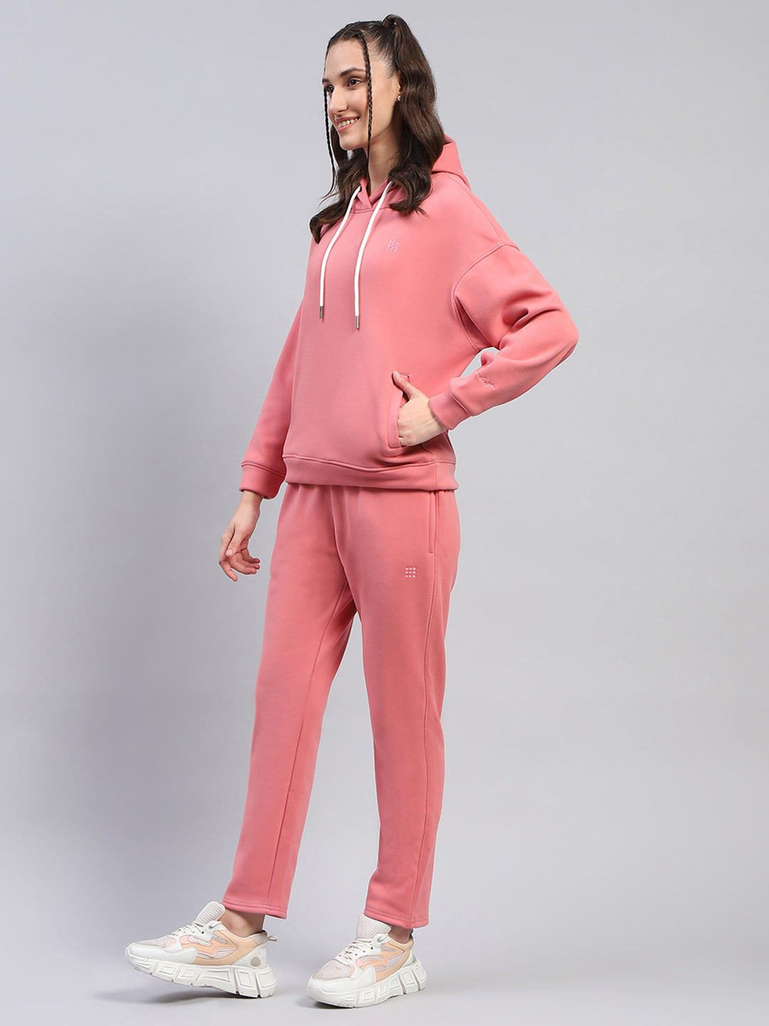 Women Peach Solid Hooded Full Sleeve Tracksuit