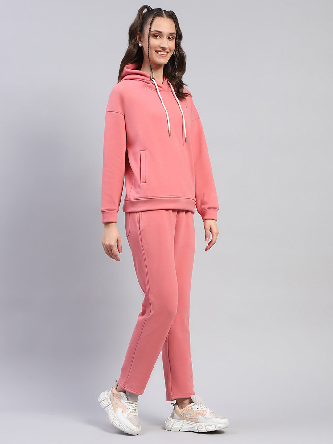 Women Peach Solid Hooded Full Sleeve Tracksuit