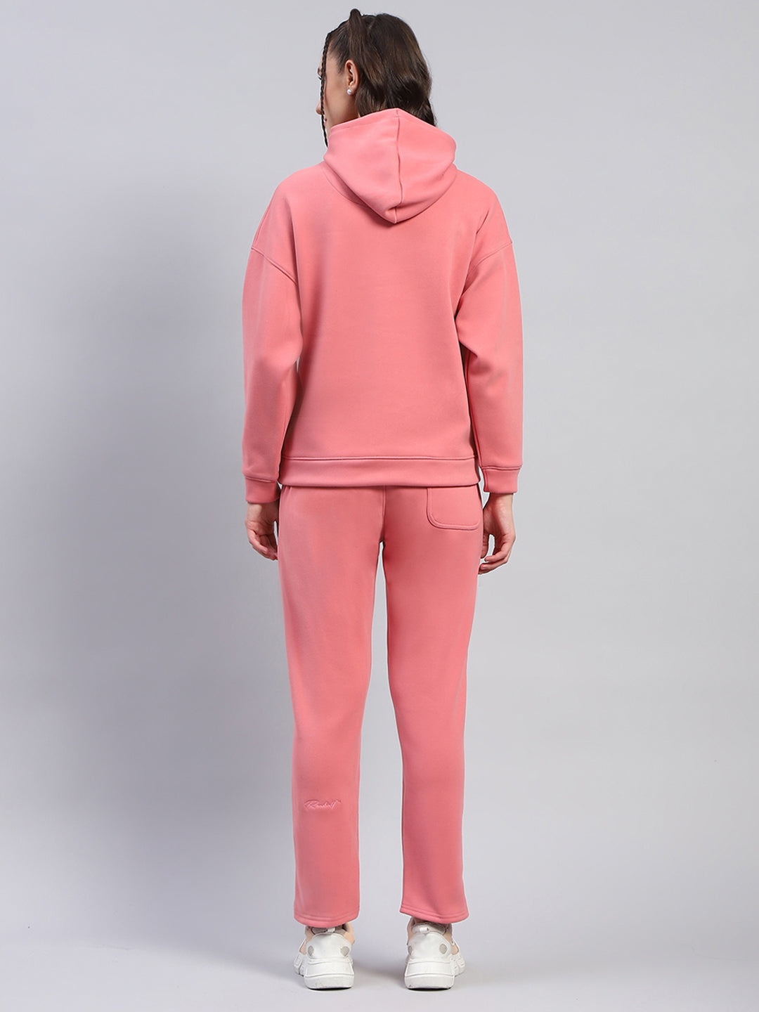 Women Peach Solid Hooded Full Sleeve Tracksuit