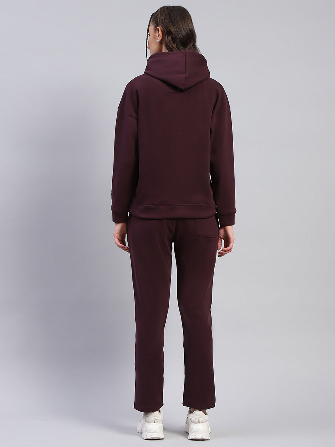 Women Maroon Solid Hooded Full Sleeve Tracksuit