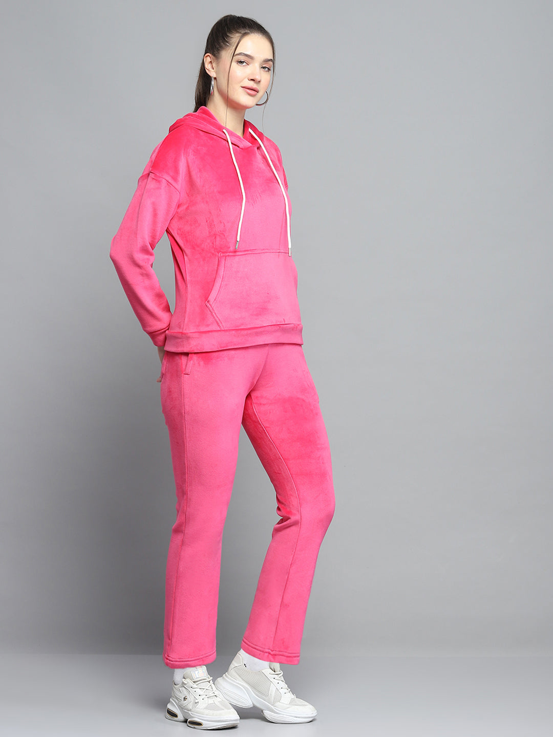 Women Pink Solid Hooded Full Sleeve Tracksuit