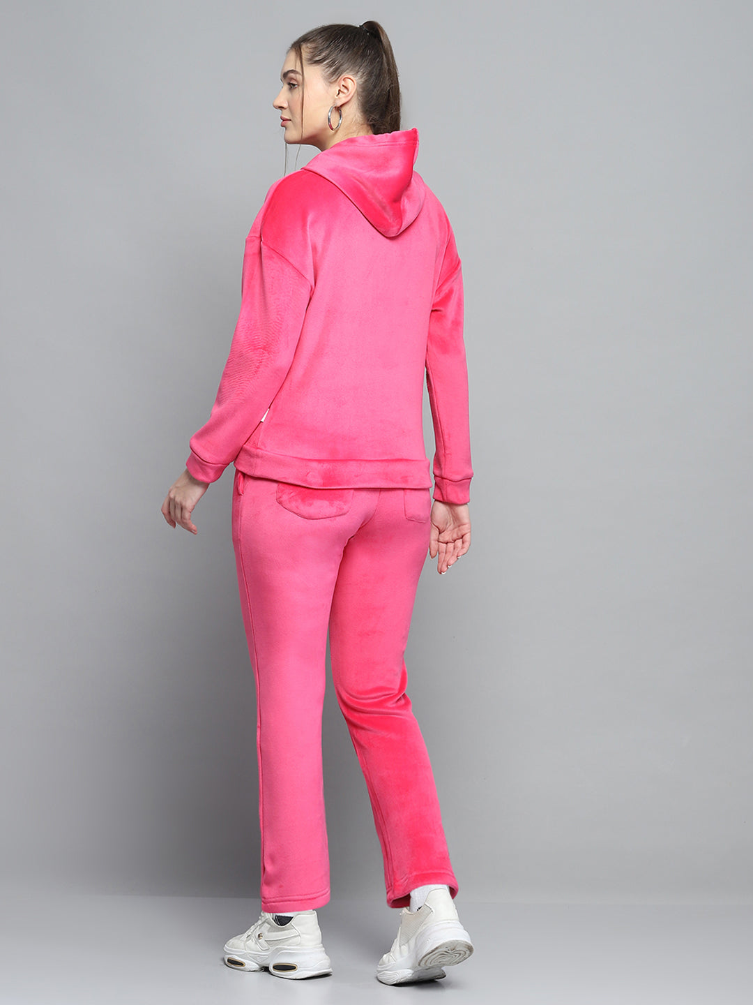 Women Pink Solid Hooded Full Sleeve Tracksuit