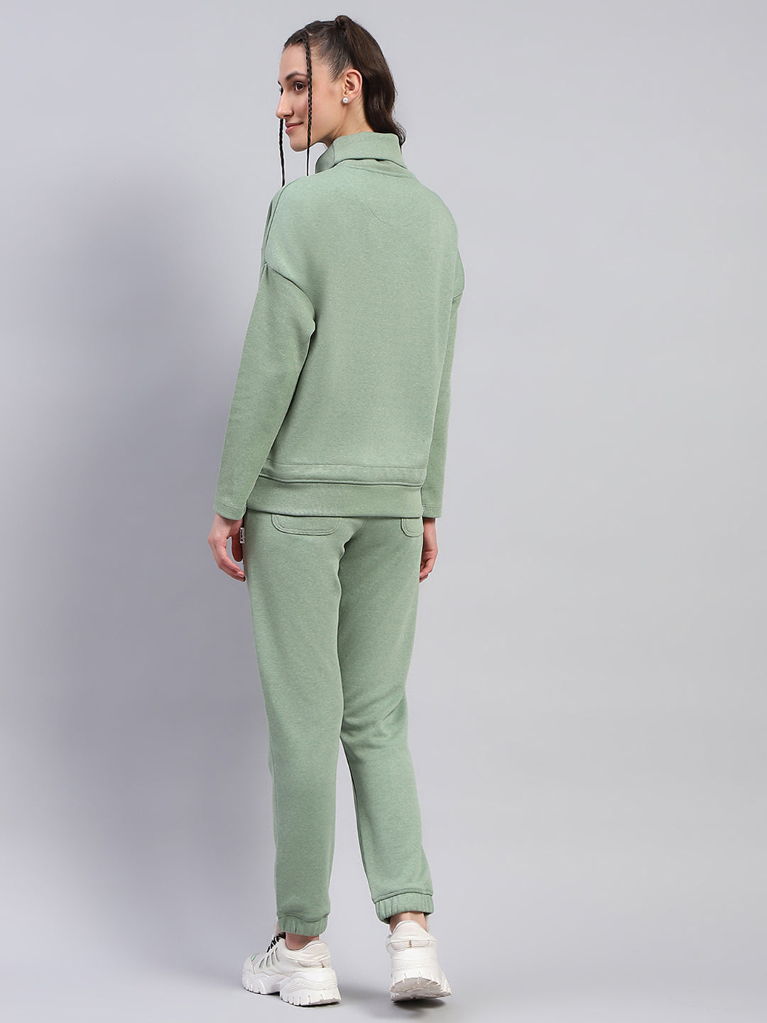 Women Green Solid High Neck Full Sleeve Tracksuit