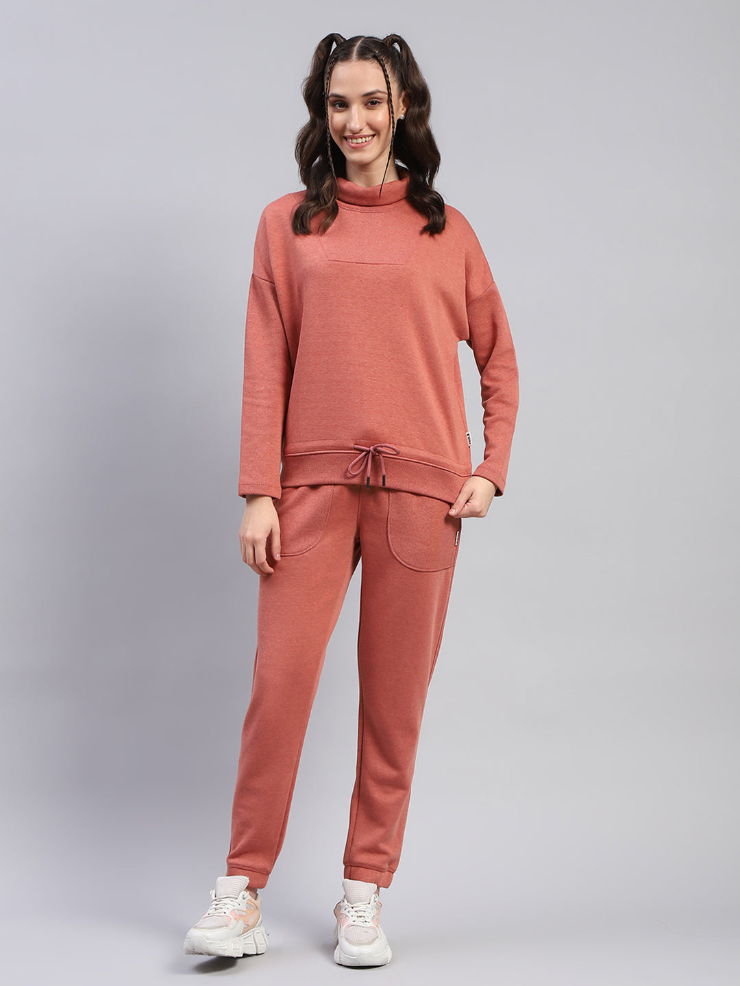 Women Rust Solid High Neck Full Sleeve Tracksuit