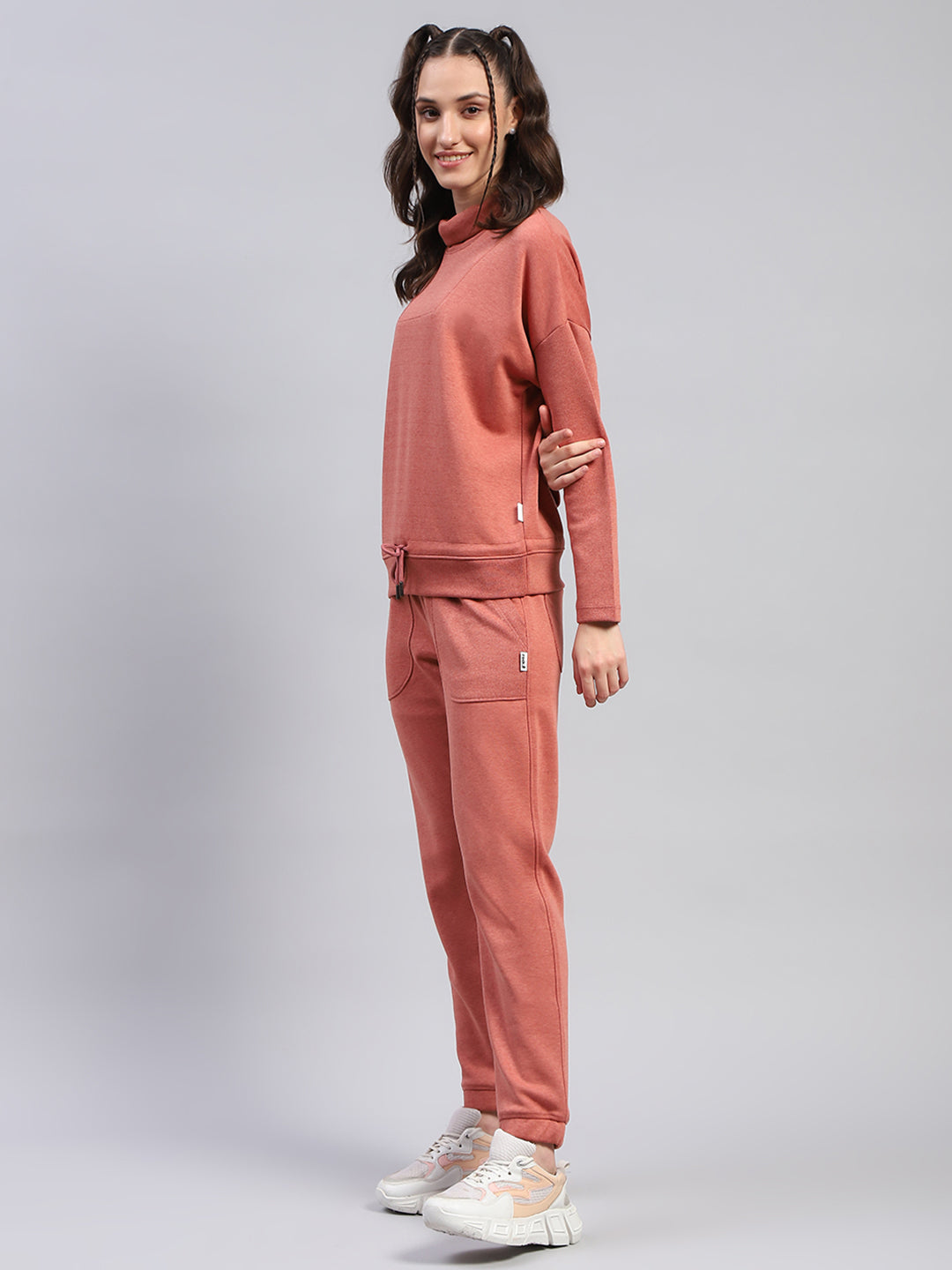 Women Rust Solid High Neck Full Sleeve Tracksuit