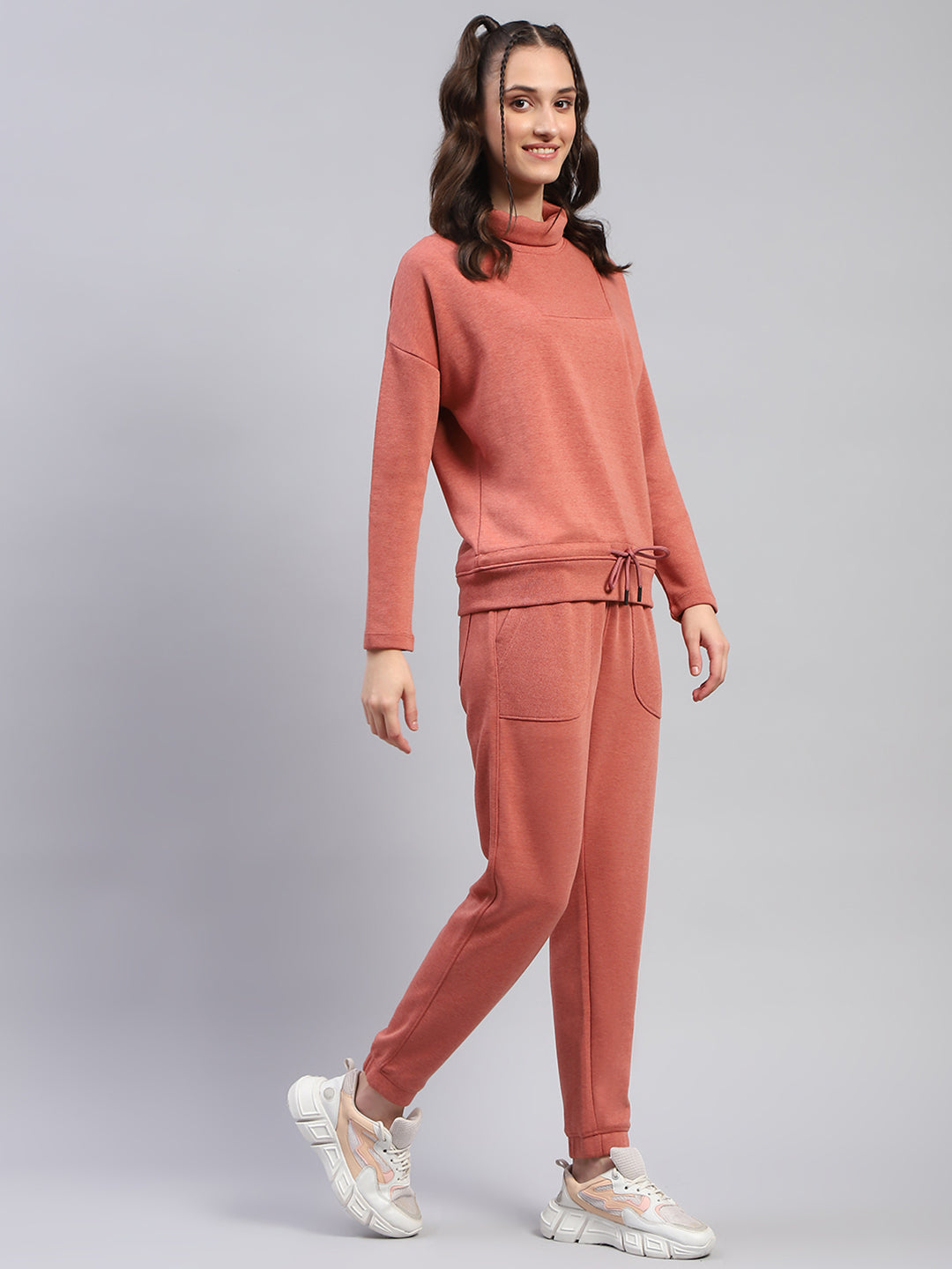 Women Rust Solid High Neck Full Sleeve Tracksuit