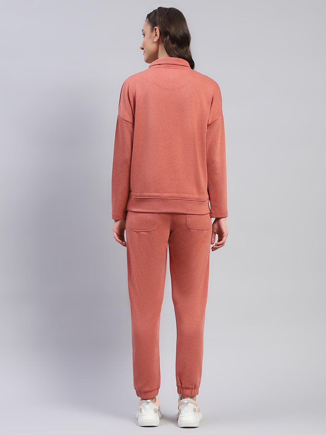 Women Rust Solid High Neck Full Sleeve Tracksuit