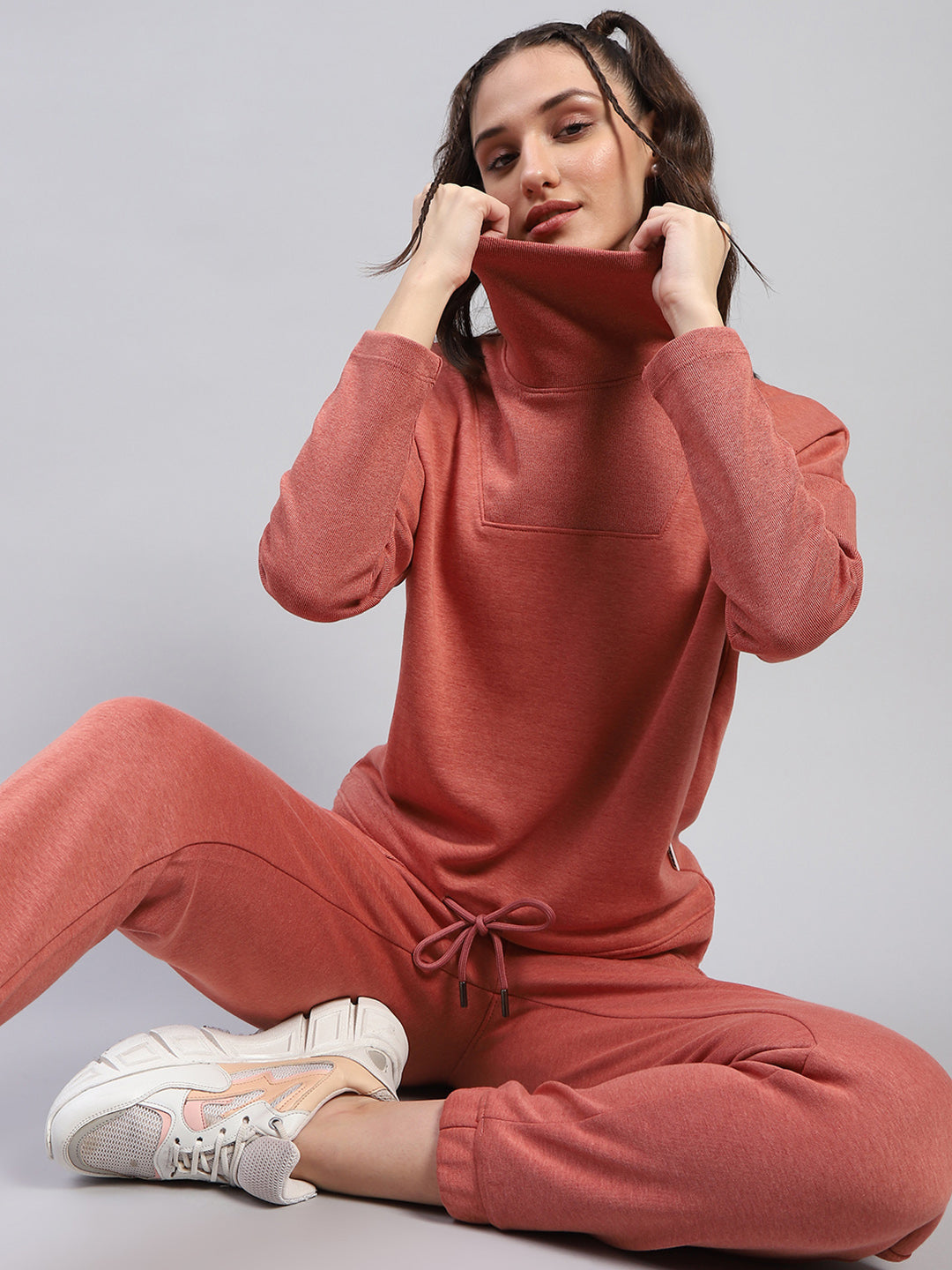 Women Rust Solid High Neck Full Sleeve Tracksuit