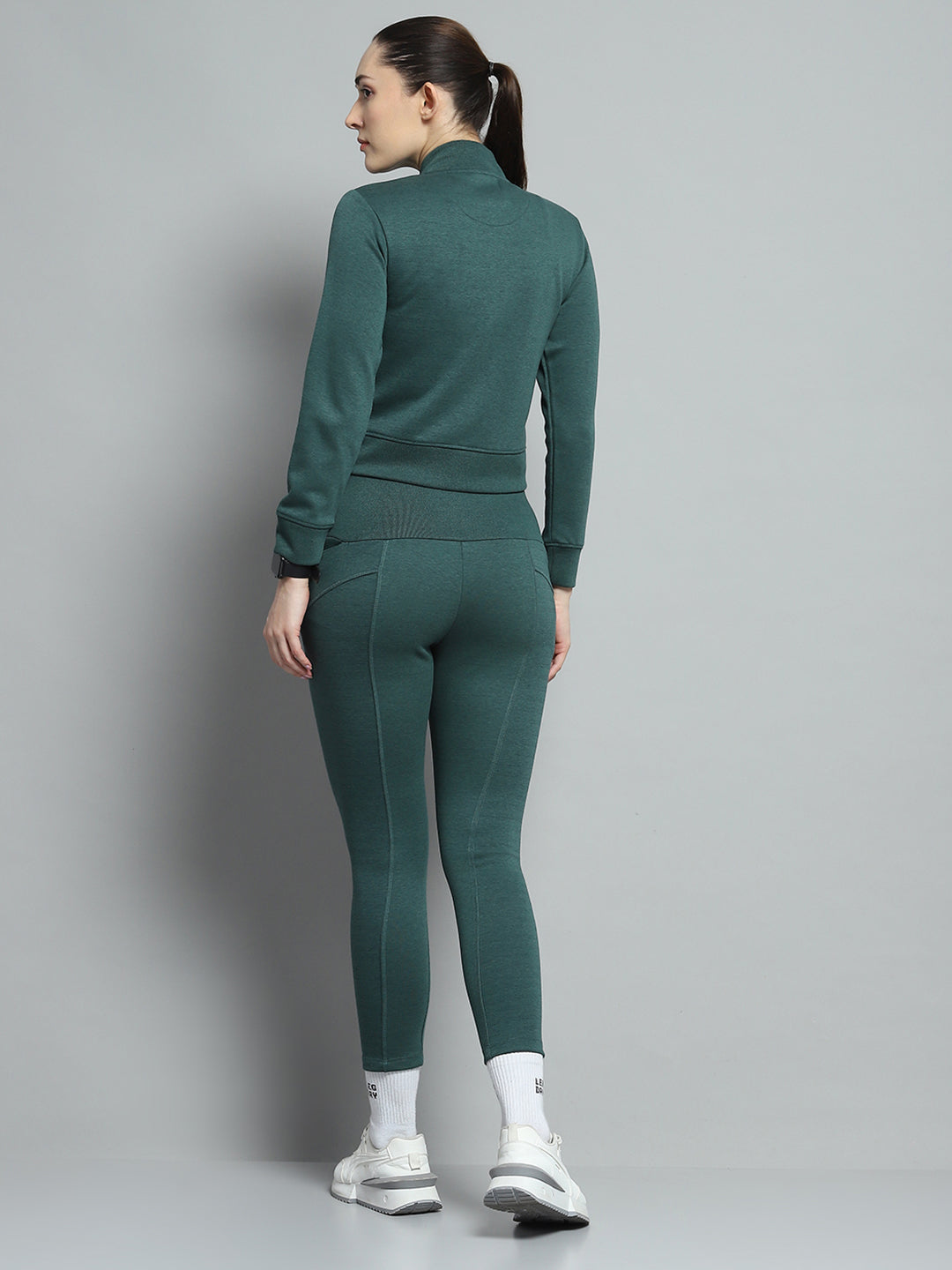 Women Teal Blue Solid Mock Neck Full Sleeve Tracksuit