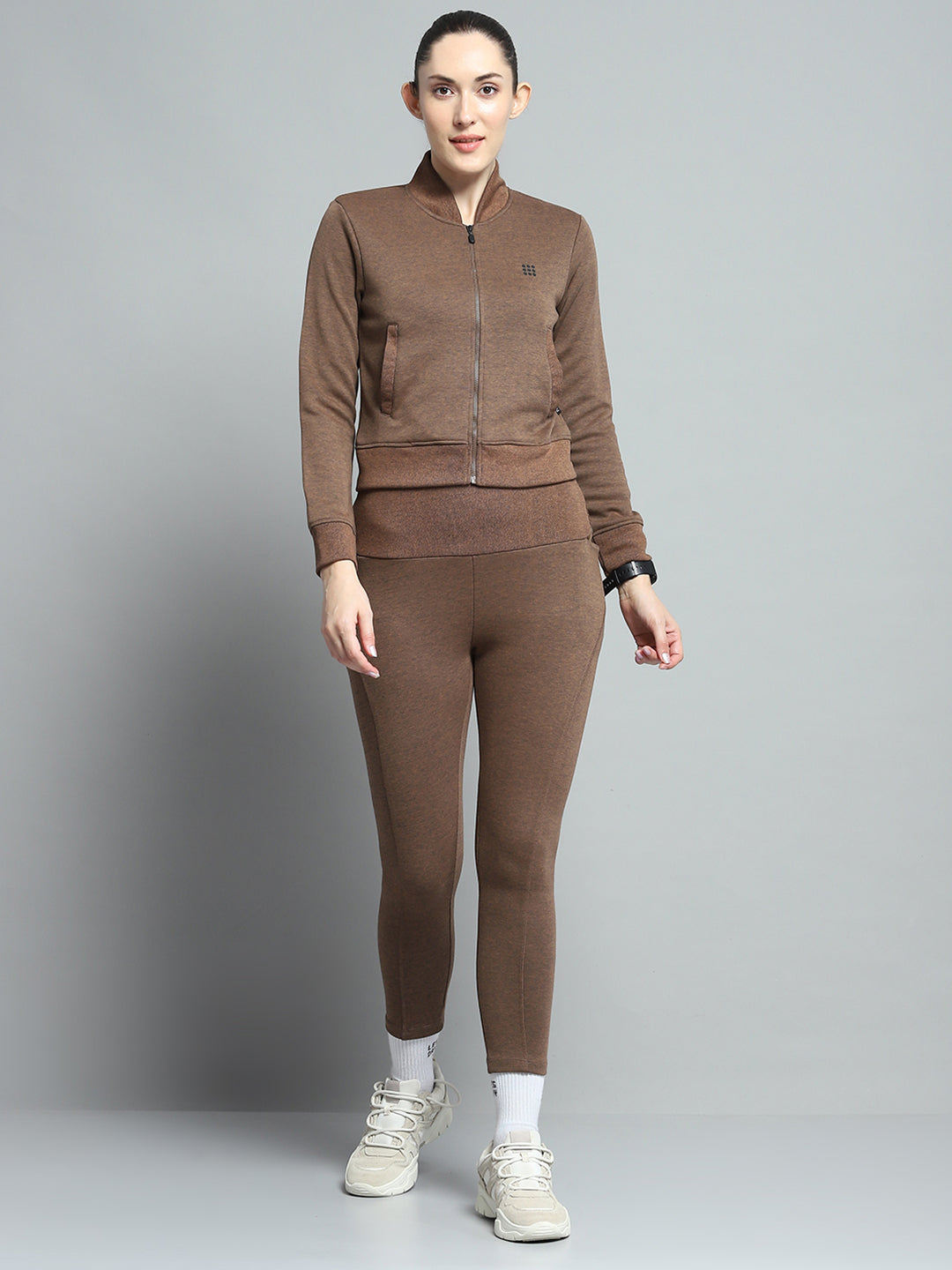 Women Brown Solid Mock Neck Full Sleeve Tracksuit