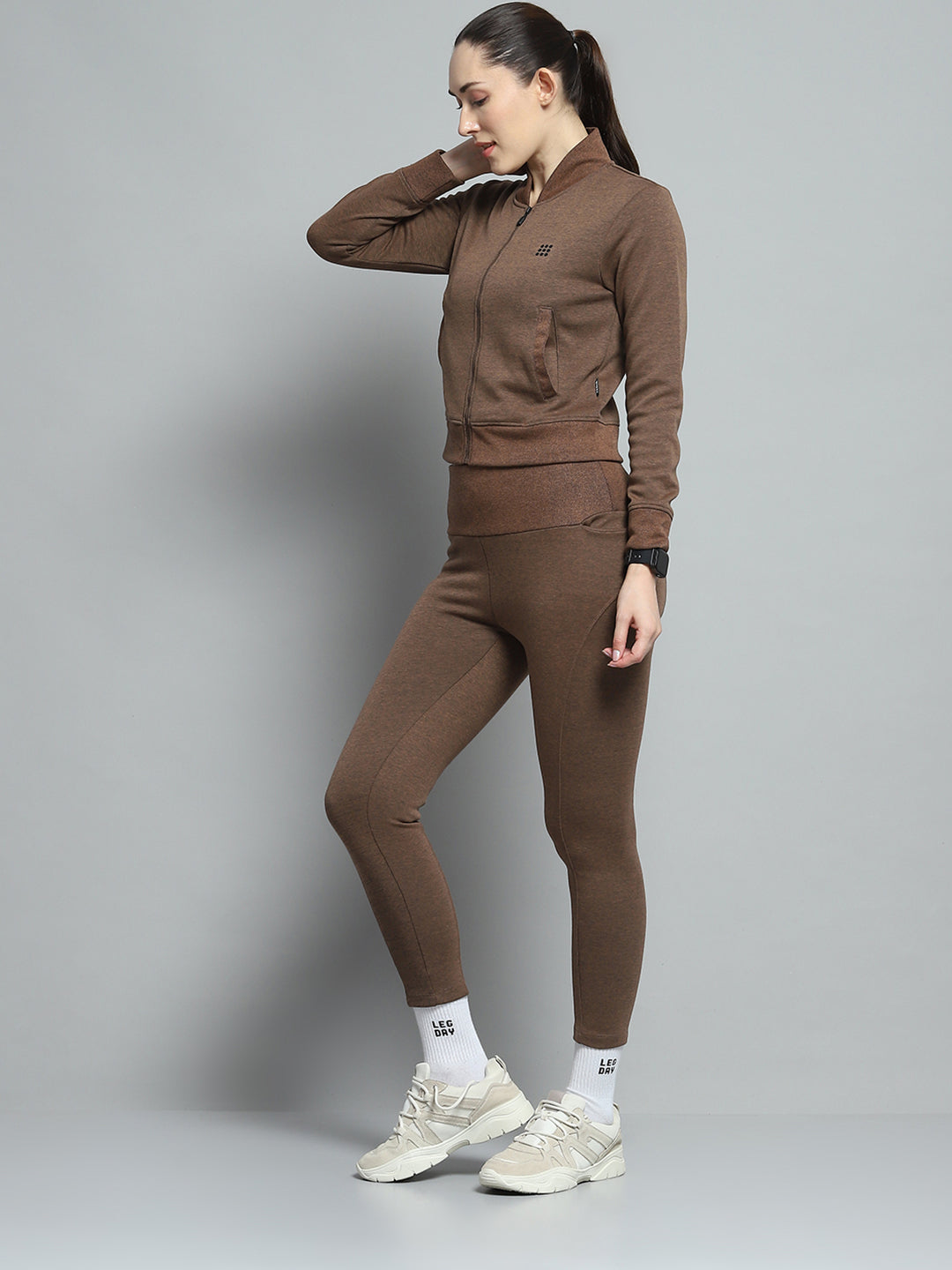 Women Brown Solid Mock Neck Full Sleeve Tracksuit