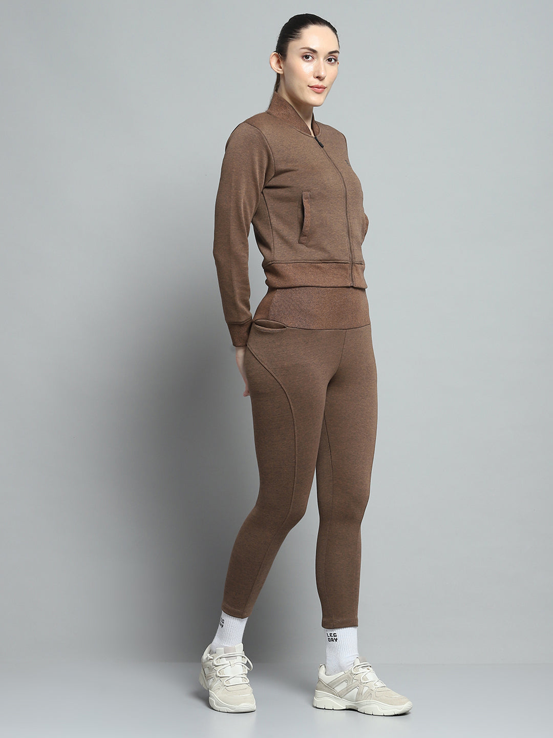 Women Brown Solid Mock Neck Full Sleeve Tracksuit