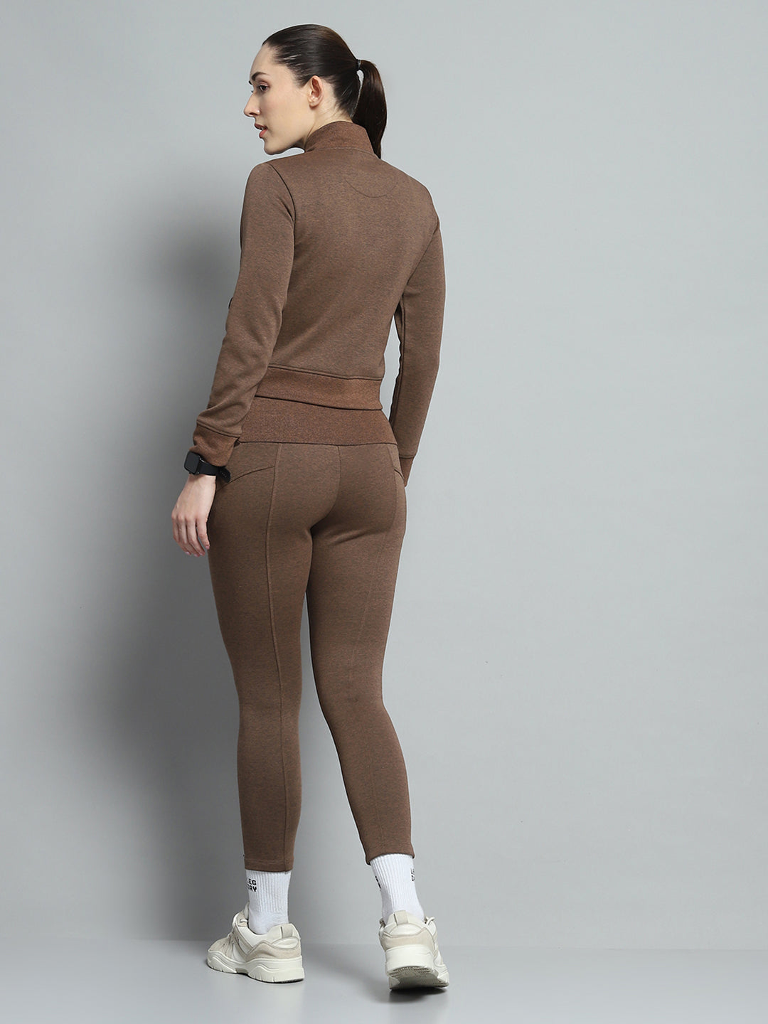 Women Brown Solid Mock Neck Full Sleeve Tracksuit