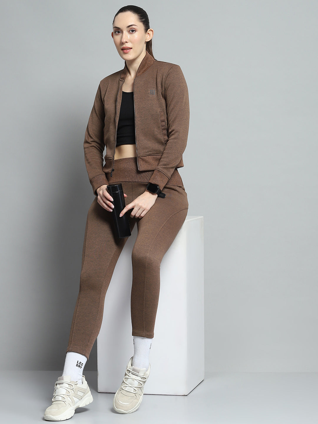 Women Brown Solid Mock Neck Full Sleeve Tracksuit