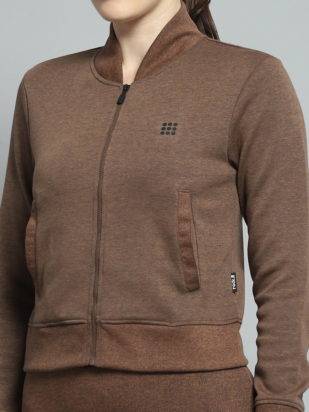 Women Brown Solid Mock Neck Full Sleeve Tracksuit