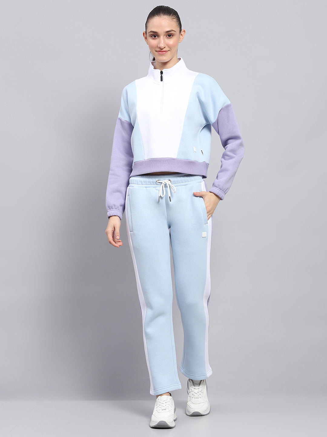 Women Blue Solid Mock Neck Full Sleeve Tracksuit