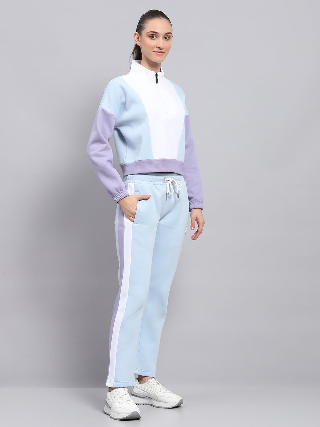 Women Blue Solid Mock Neck Full Sleeve Tracksuit